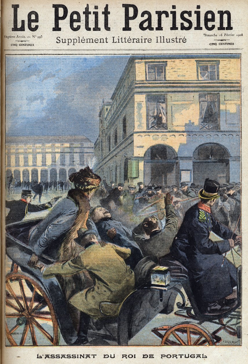 Kong Charles I av Portugal (1863-1908) og kronprins Luis Filipe ble myrdet i Lisboa av republikanerne 1. februar 1908. En av avisen "" Le petit parisien"" 16.02.1908. Privat samling. av Anonymous Anonymous