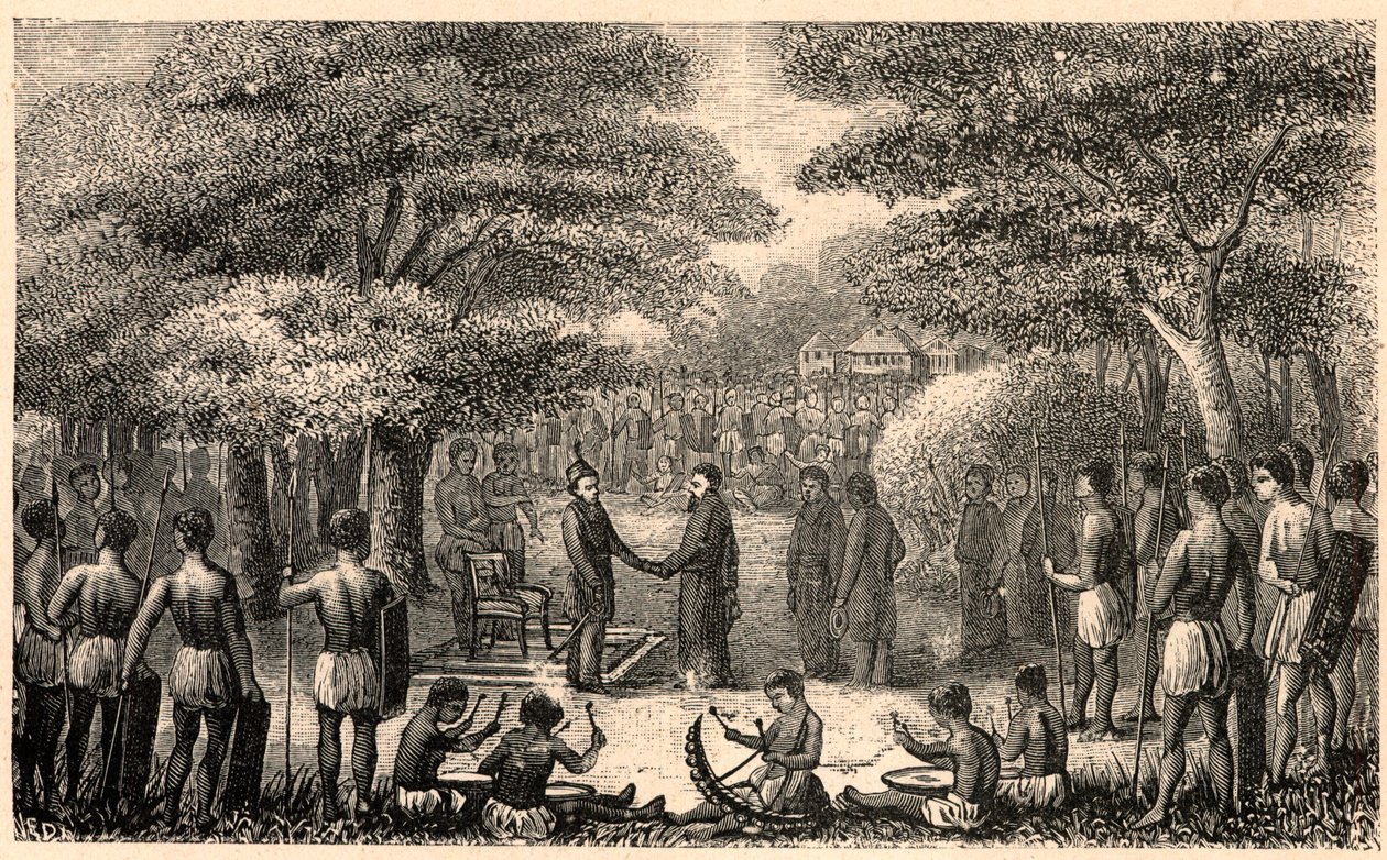 Kong Lebuschi ønsker Henri Depelchin (1822-1900), jesuittmisjonær og første overordnede for Upper Zambeze-misjonen i Afrika velkommen. Gravering i "The Catholic Missions in the XIXth Century" av Louis-Eugene (Louis Eugene) Louvet. privat samling. av Anonymous Anonymous