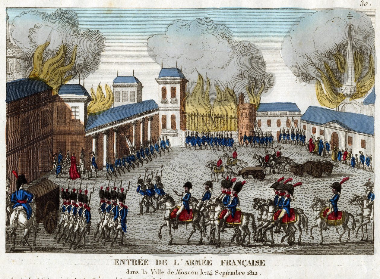 Erobringen av Moskva av hæren til Napoleon I 14. september 1812 - Grande Armee kommer inn i byen Moskva - Anonym - 1812 - Etsning, akvarell - 23,4x28,6 - Privat samling av Anonymous Anonymous