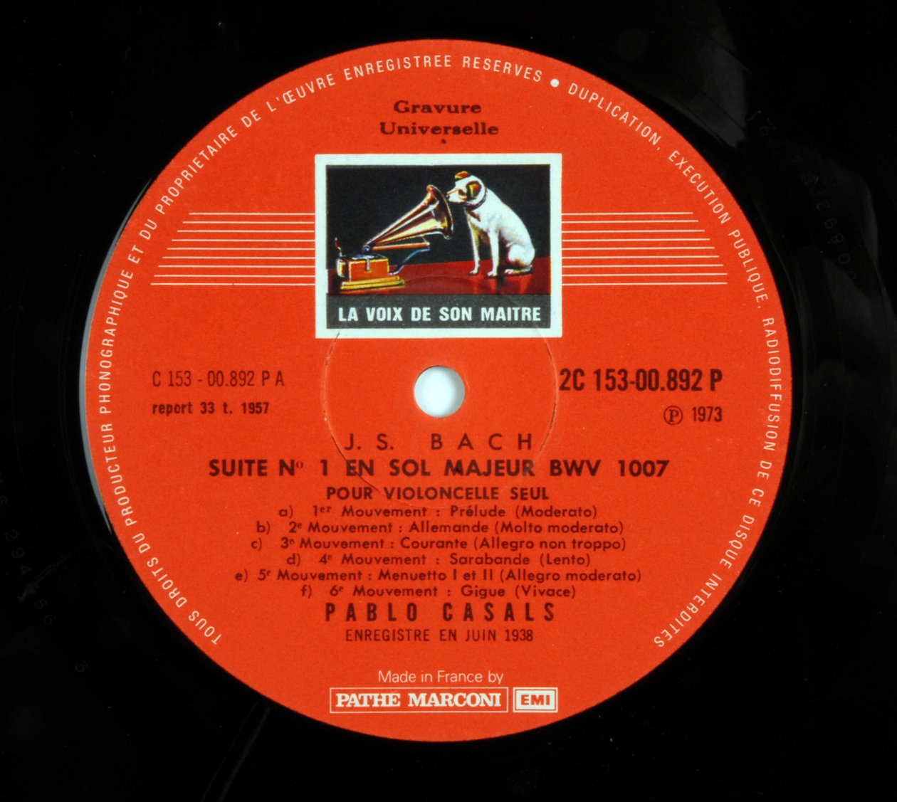 Etikett på platen 33 turn (vinylplate) av merket "EMI the voice of his master"" av Pablo Casals som tolker 6-suiten for cello av Jean Sebastien Bach (Johann Sebastian Bach av Anonymous Anonymous