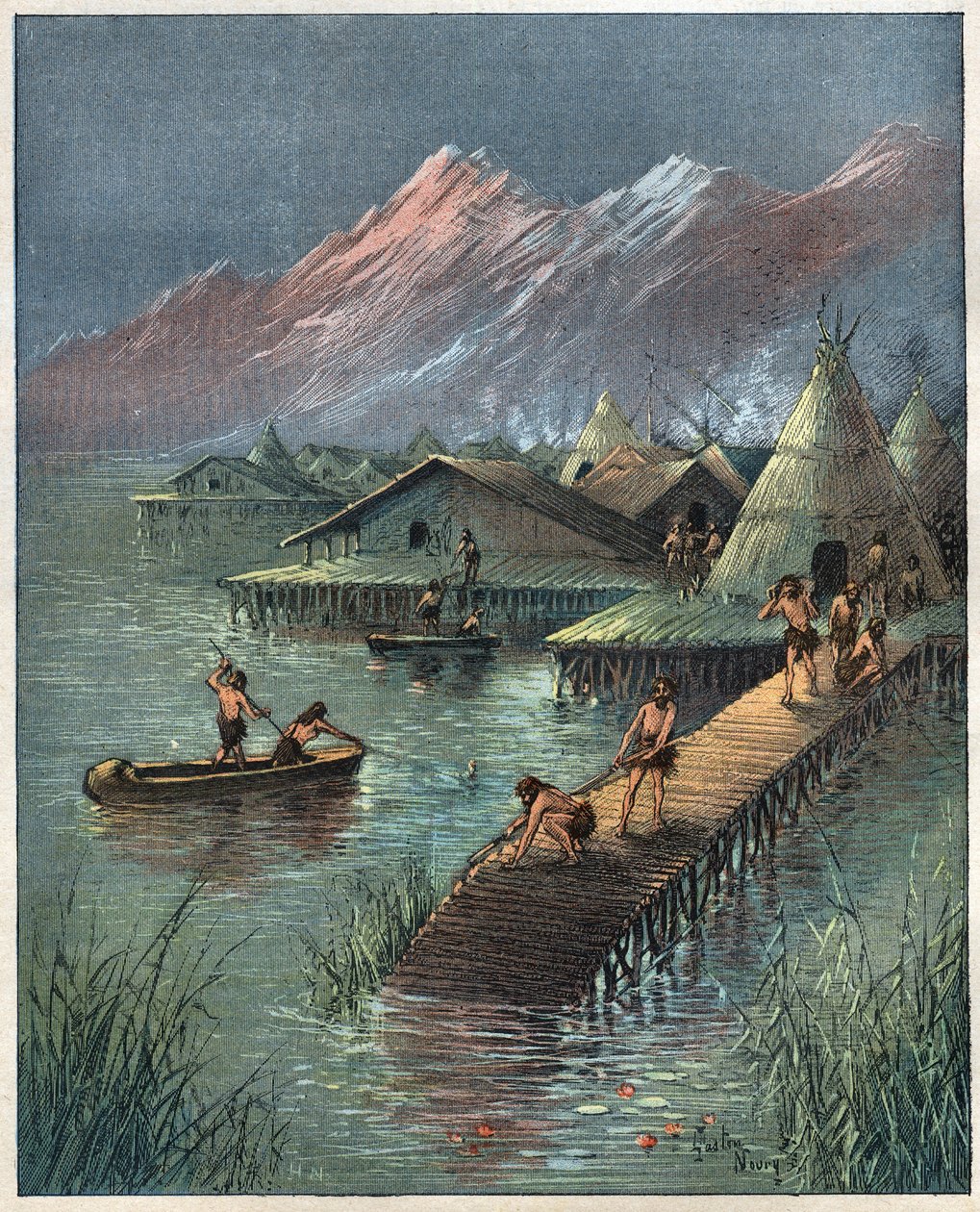 Lake Village, forhistorisk Lake Cite (Village bati sur stilotis) (The palafitte, Palafitta) Gravering fra 1892. av Anonymous Anonymous