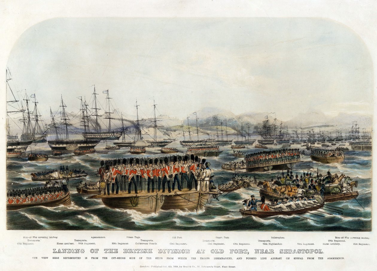Landing av den britiske divisjonen ved Old Fort, nær Sevastopol - Anonym - 1854 - Fargelitografi - 29,8x42 - Privat samling av Anonymous Anonymous