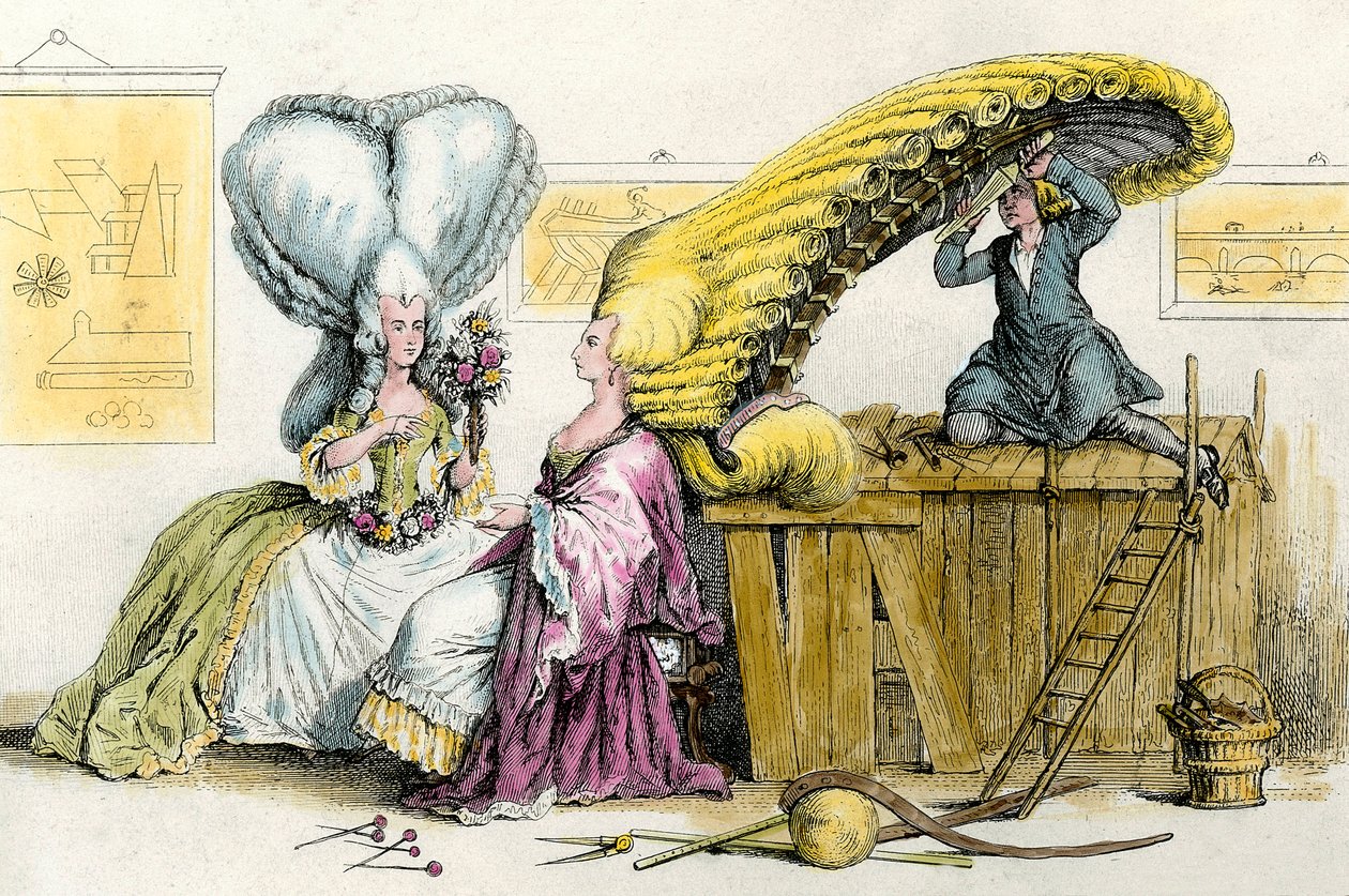 Store eksentriske frisyrer: unge kvinner av adelen stylet av en parykk. Gravering fra 1788 Privatsamling av Anonymous Anonymous