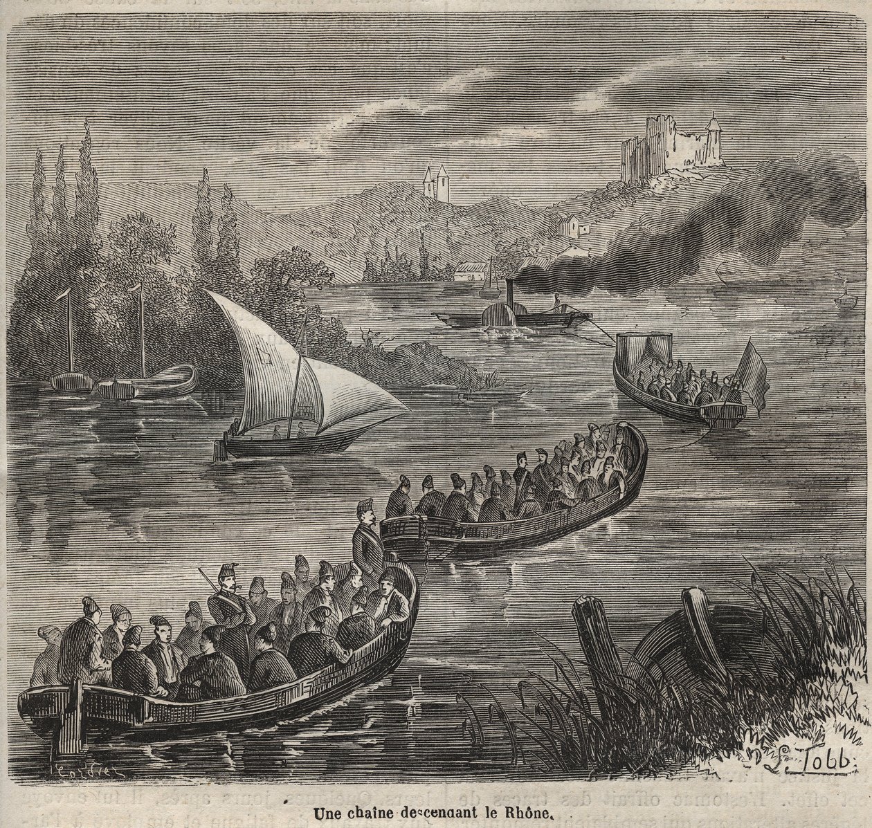 Fengselet i Toulon - en kjede som går nedover Rhône - Gravering i "Historien om fengslene fra deres opprettelse til i dag" (1877) av Pierre Zaccone (1817-1895) (Colonia Penale - straffekoloni) av Anonymous Anonymous