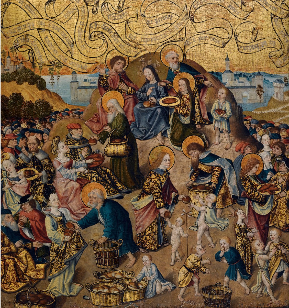 ""The Miracle of the Five Loaves and Two Fishes"" Anonymt maleri på tre, ca 1500 (The Miracle of the Five Loaves and Two Fishes by Anonymous) c 1500 - Olje på tre, 68,9x62,7 - Privat samling av Anonymous Anonymous