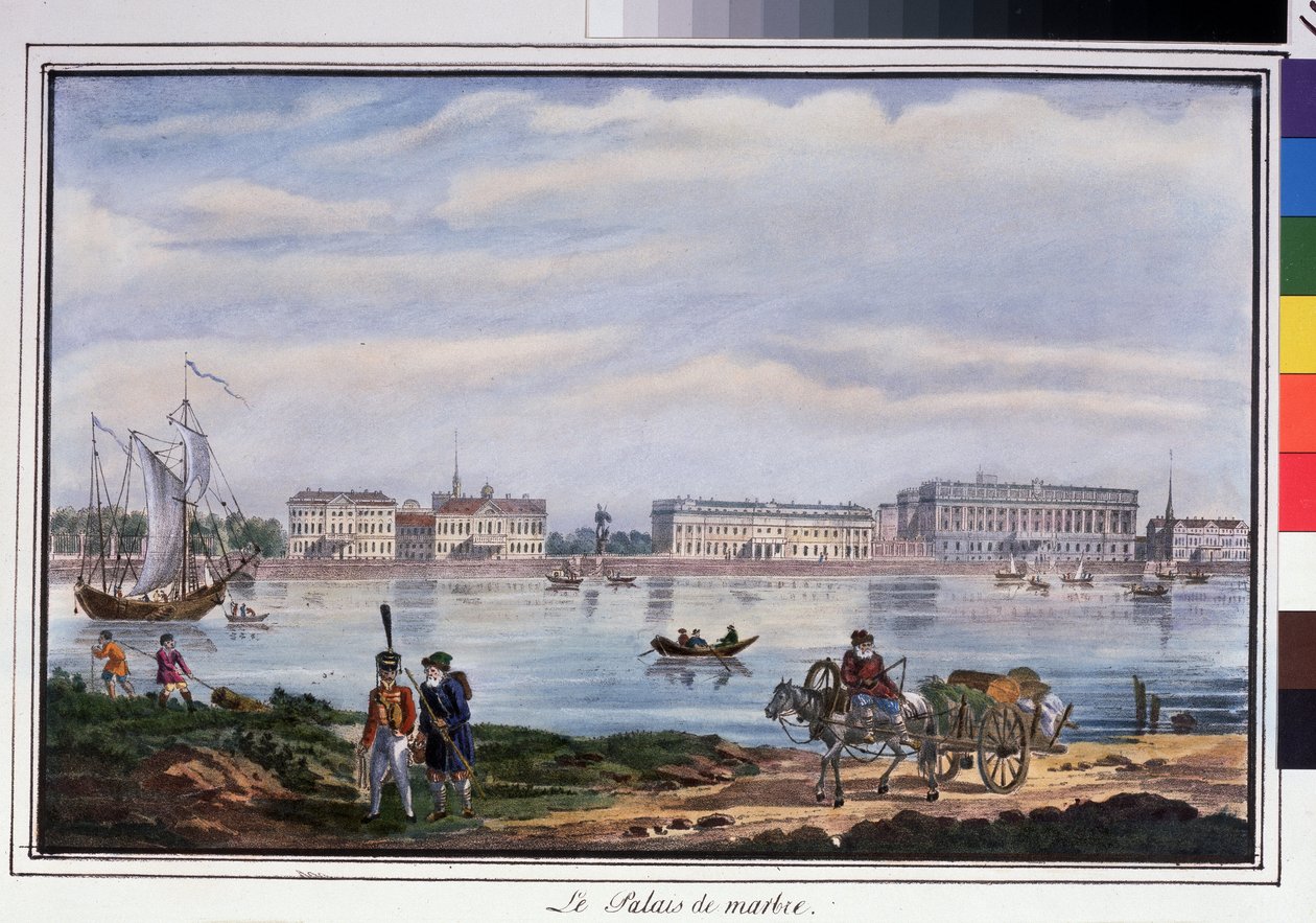 Marmorpalasset og Neva-vollen i St. Petersburg. Anonym litografi, fargelagt i akvarell, 22 x 32 cm av Anonymous Anonymous
