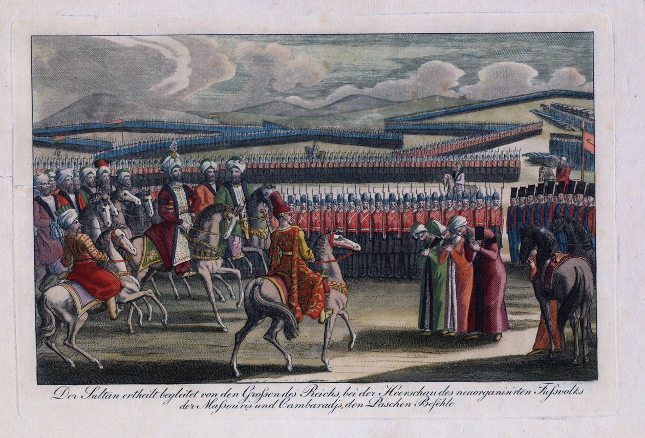 ""Den osmanske sultanen Selim III (1761-1808) gjennomgår sitt nye infanteri"" Anonym gravering 1806 Privat samling av Anonymous Anonymous