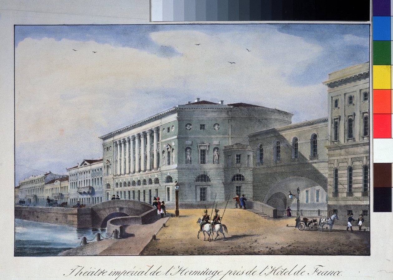 Hermitage Theatre i St. Petersburg. Anonym litografi, fargelagt i akvarell, rundt 1840. A. Pushkin Memorial Museum, St. Petersburg. av Anonymous Anonymous