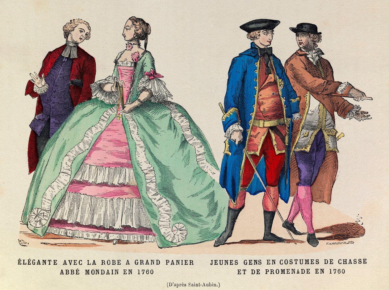 Venstre: Elegante med en stor kurvkjole, mondain abbe i 1760/høyre: Unge menn i jakt- og gangdrakt i 1760 (regne av kong Louis XV) - privat samling av Anonymous Anonymous