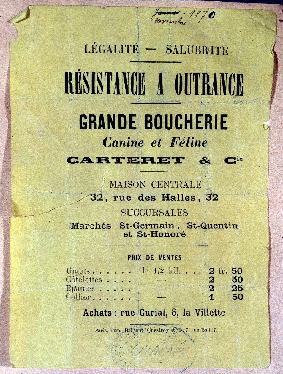 Legalite - Sanitet. Motstand mot outrance. Flott hundeslakter og katt... Plakat som viser prisen på hunde- og kattekjøtt for innbyggerne i Paris under beleiringen under 1870-kommunen. av Anonymous Anonymous