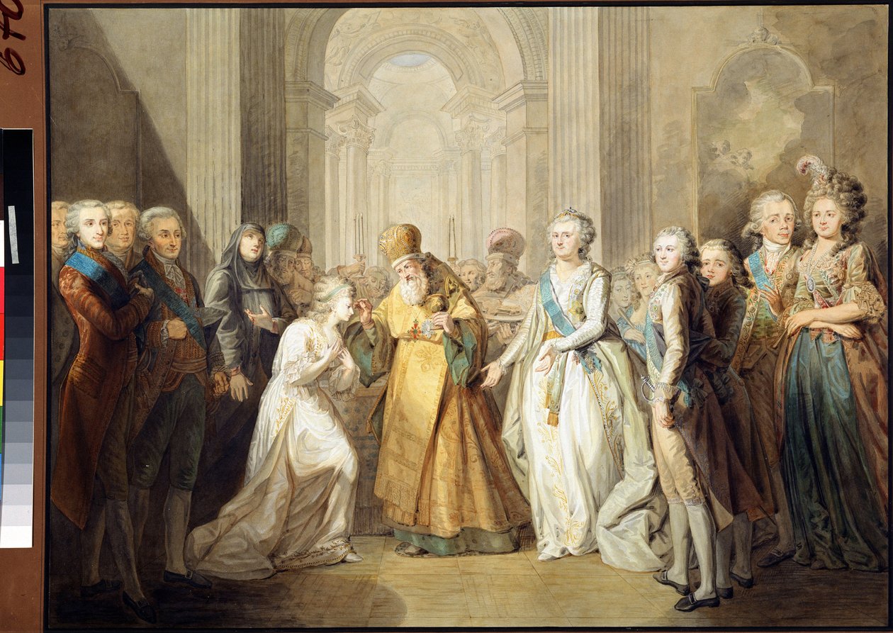 Forlovelsen til storhertug Alexander Pavlovich (daværende tsar Alexander I Pavlovich Romanov (1777-1825) og prinsesse Louise Augusta av Baden (Baden) (daværende keiserinne Elisabeth Alexeievna (Elizabeth Alexeievna) av Anonymous Anonymous