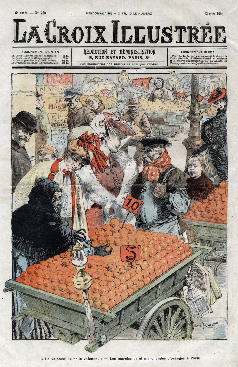 De oransje kjøpmennene (La valence) i Paris i 1905 - omslag til "La-Croix-Illustree"" fra 1905 av Anonymous Anonymous