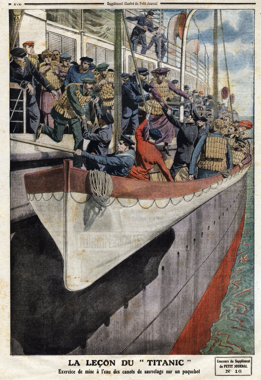 Redningsbåtøvelse ombord på en rutebåt, etter forliset av RMS Titanic, 15. april 1912, illustrasjon fra den franske avisen Le petit Journal, 2. juni av Anonymous Anonymous