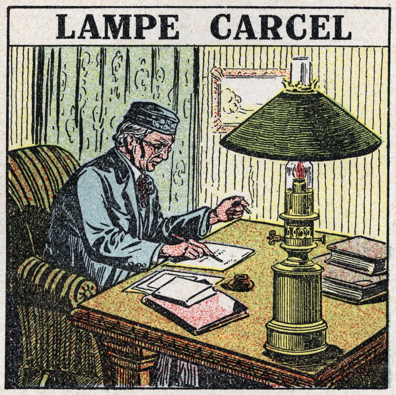 Lyskilder: Carcel-lampe, oppfunnet av Guillaume Carcel (1750-1812) og ved bruk av vegetabilsk olje. Anonym illustrasjon fra 1925. Privat samling. av Anonymous Anonymous