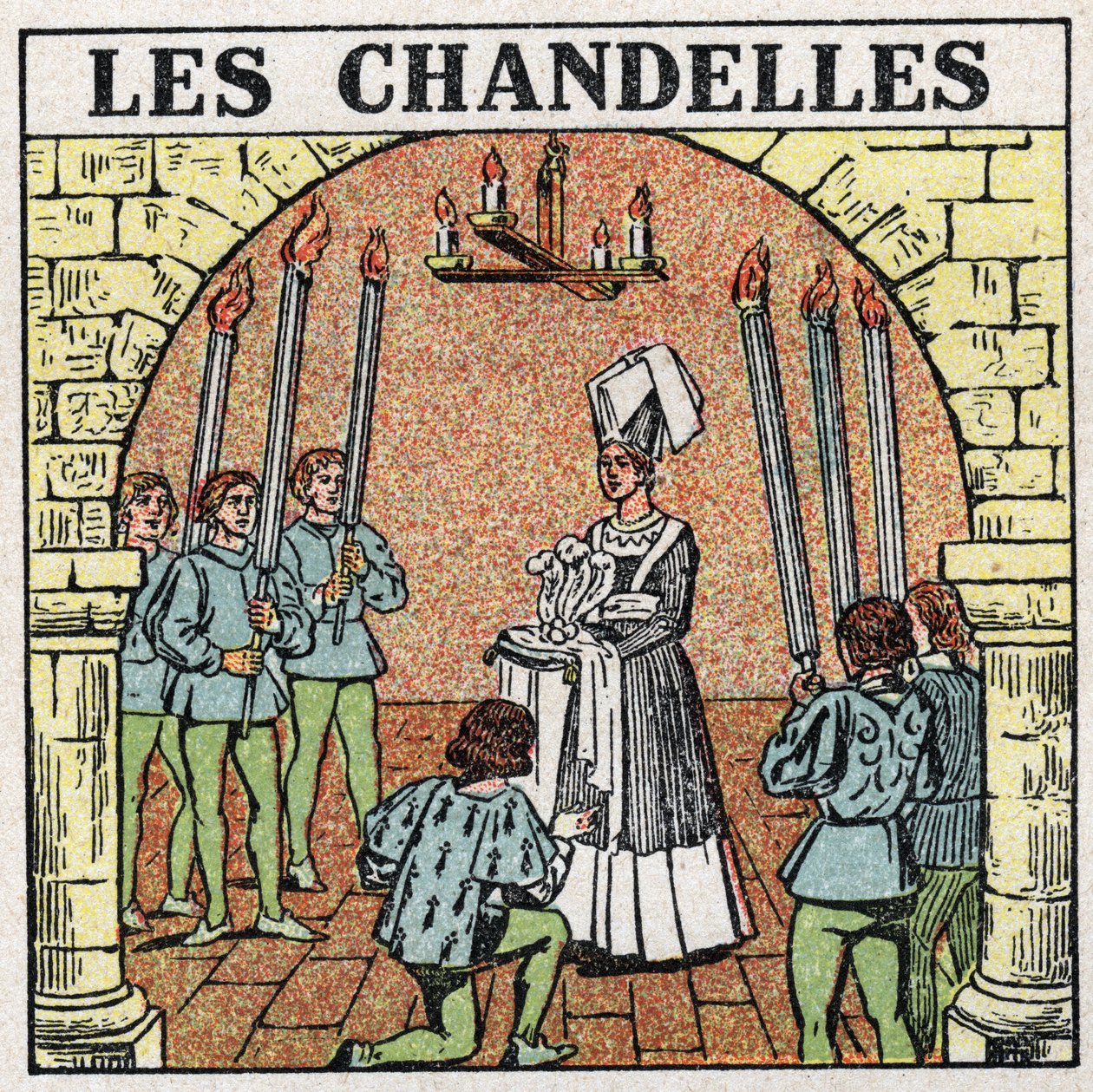 Light sources: candles used in the Middle Ages. Anonymous illustration from 1925. Private collection. av Anonymous Anonymous