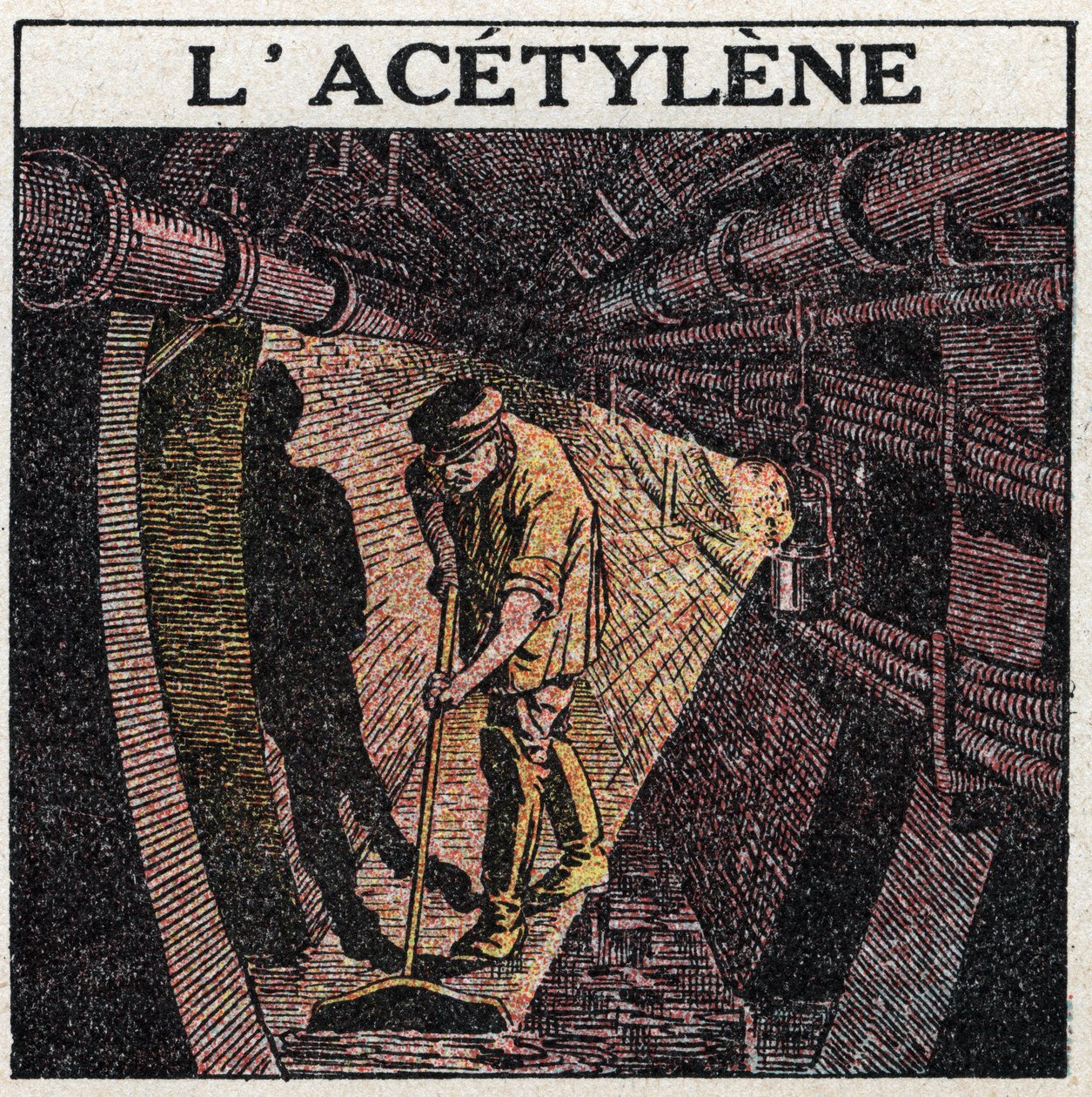 Light sources: illumination by acetylene used in drums. Anonymous illustration from 1925. Private collection. av Anonymous Anonymous