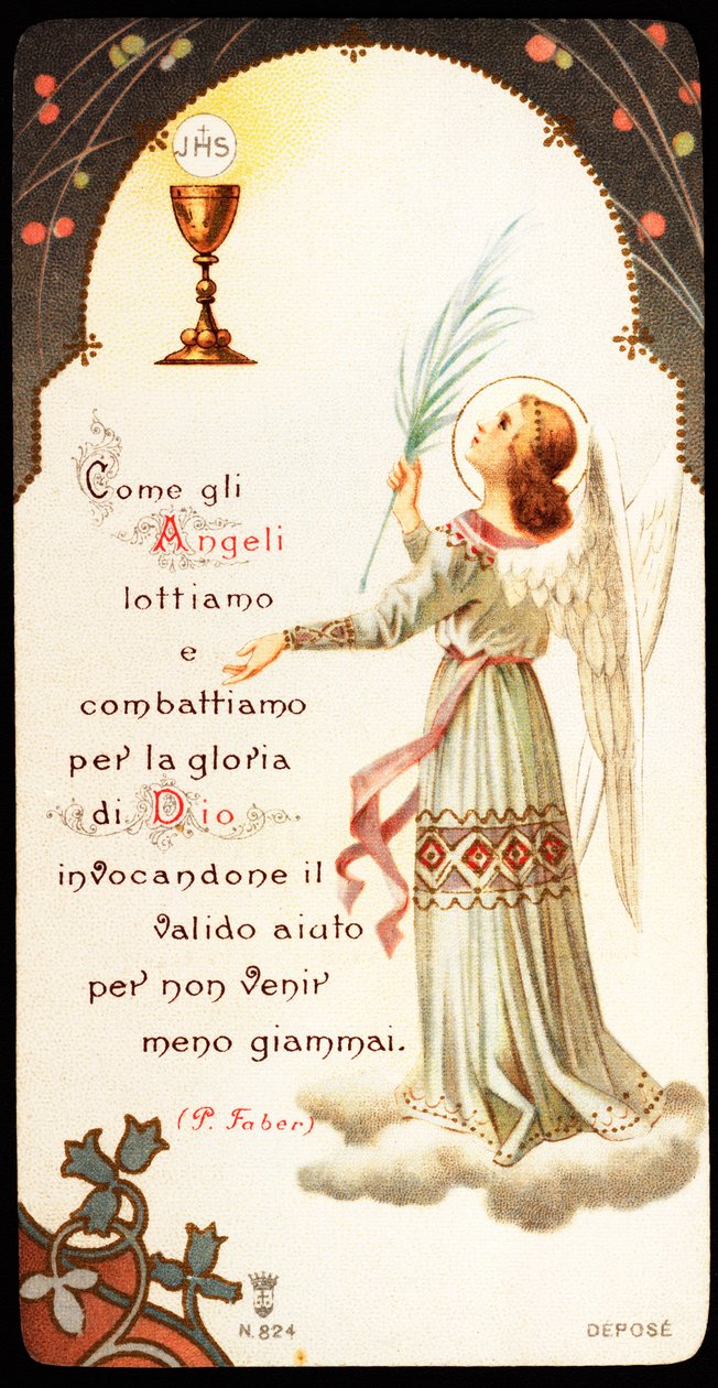 I likhet med englene kjemper og kjemper vi for Guds ære Fromme bilde med en kalk og en vert der vi ser Jesu Kristi monogram, JHS (JHS). Privatsamling fra 1900-tallet av Anonymous Anonymous