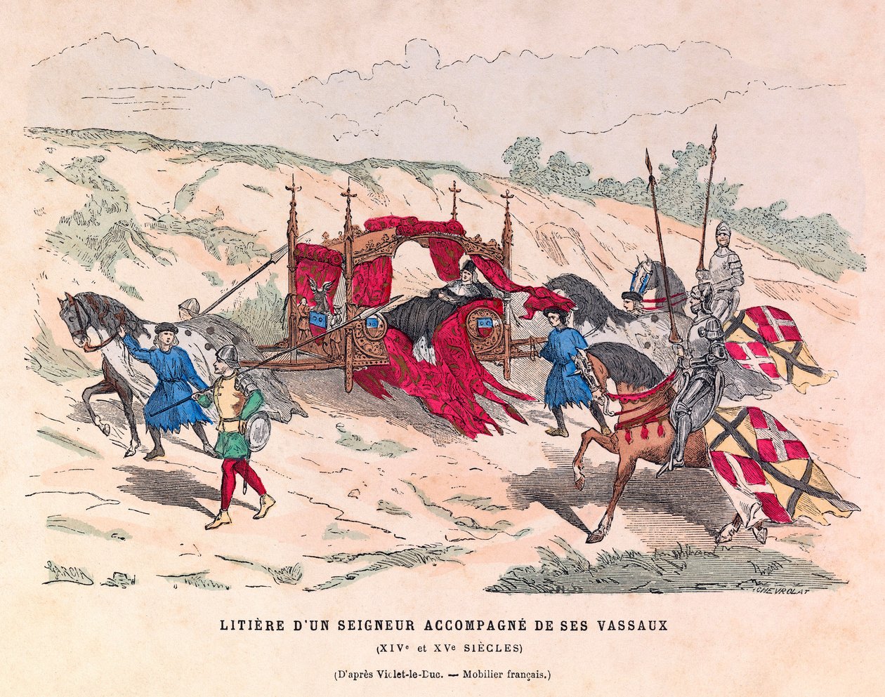 Litiere av en herre akkompagnert av hans vasaller på 1400-tallet - Kull av en adelsmann akkompagnert av hans vasaller 1400-tallet - privat samling av Anonymous Anonymous