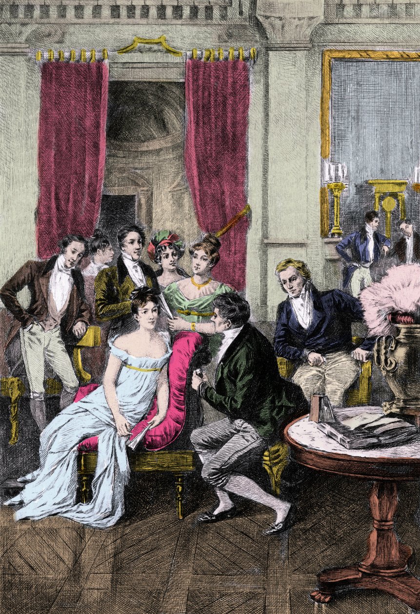 Litterær salong: "" Rundt Madame Recamier"" Madame Juliette Recamier (1777-1849) omgitt av litterære og politiske personligheter: Charles Nodier (1780-1844), Francois Rene Viscount de Chateaubriand (1768-1848), Sophie Gay (175276-1844). ), Benjamin Constan av Anonymous Anonymous