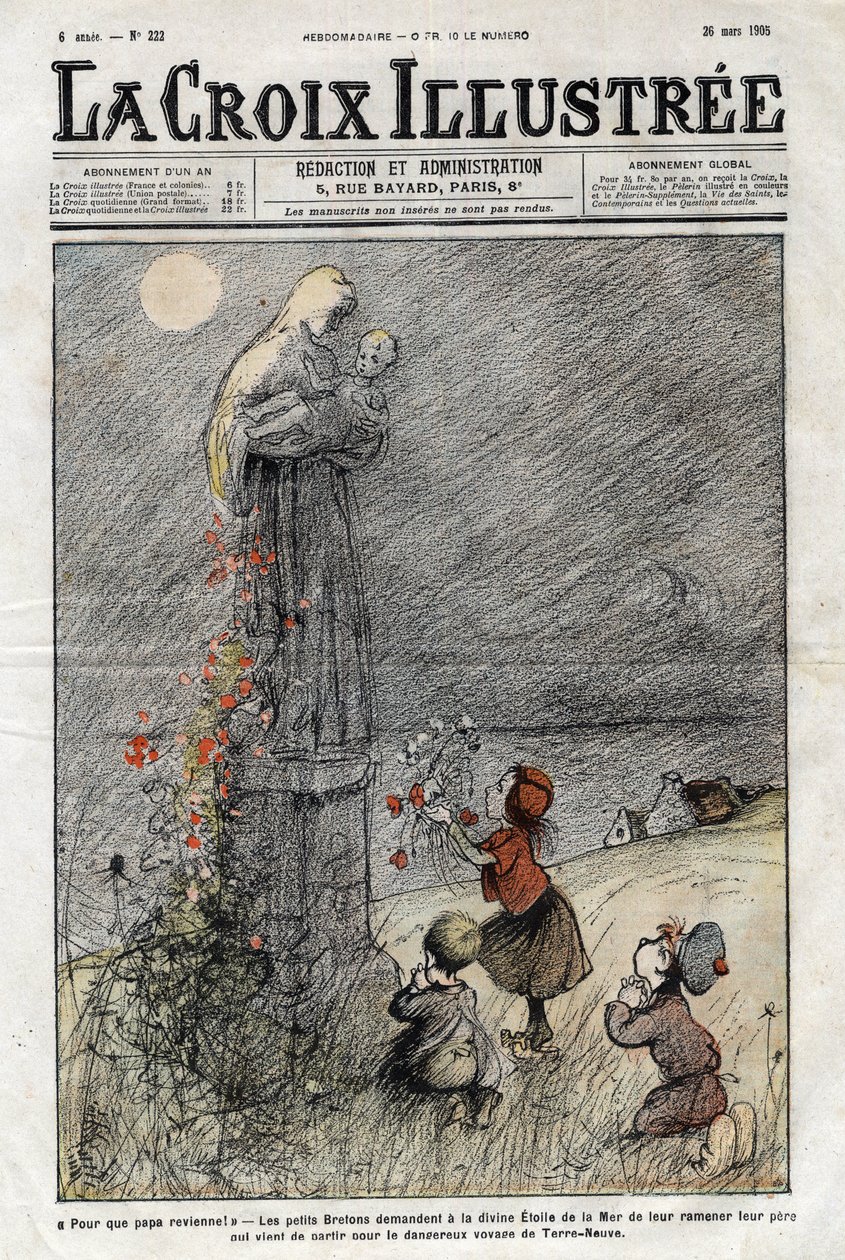 Små bretonere ber havets guddommelige stjerne om å bringe tilbake faren deres som nettopp har reist på den farlige reisen til Newfoundland - cover av «La-Croix-Illustree» fra 1905 av Anonymous Anonymous
