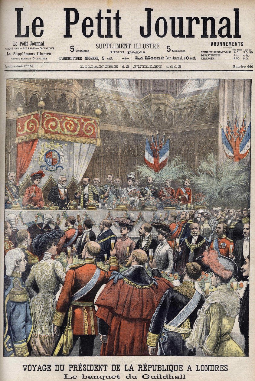 London, Storbritannia. President Loubets reise. Mottakelse i Guildhall av Sir Marcus Samuel. Le Petit Journal, juli 1903 (gravering) av Anonymous Anonymous