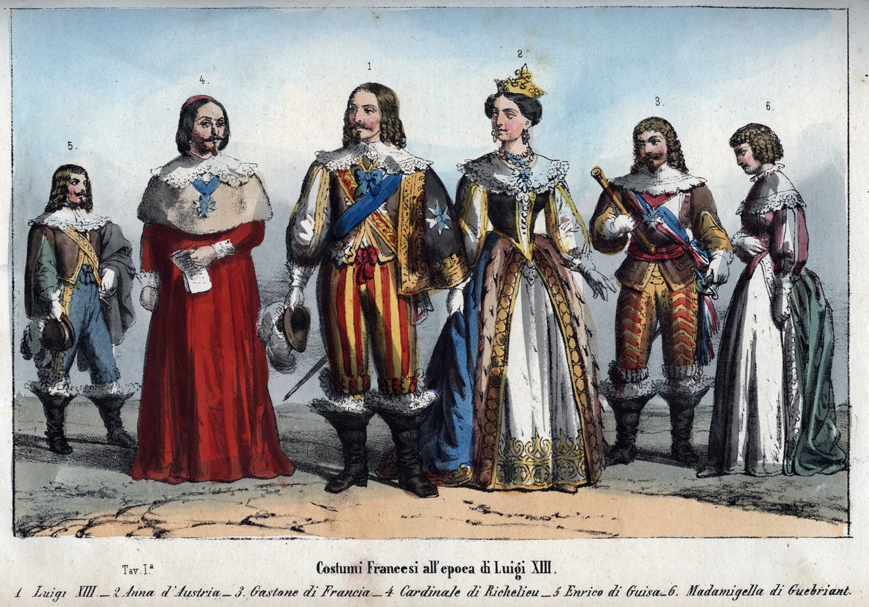 Ludvig XIII - Anne av Østerrike (1601-1666) (Anne av Østerrike) - Gaston av Frankrike (Gaston, hertug av Orleans) - Armand Jean du Plessis, kardinal de Richelieu - Henri II de Guise (Henry II, hertug av Guise) - Anne-Marie Budes de Guebriant - gravering fr av Anonymous Anonymous