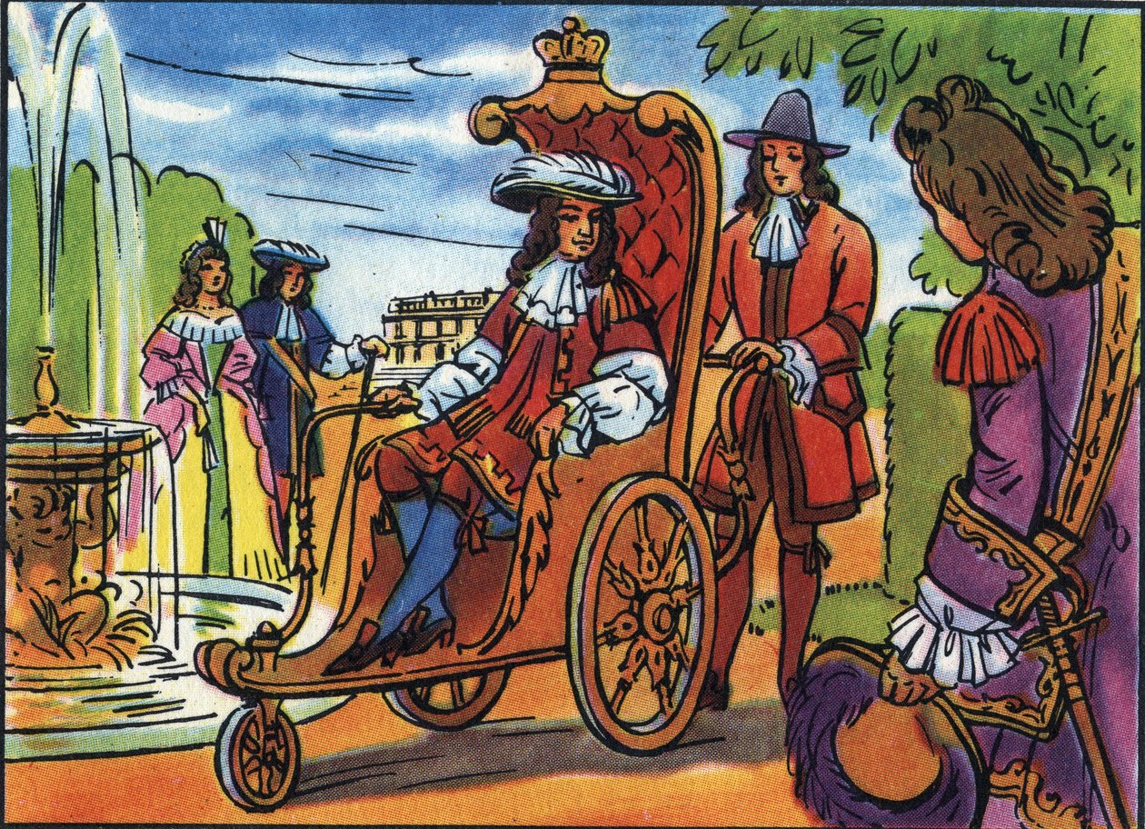 Ludvig XIV har promenaden, kongen av Frankrike Ludvig XIV (1638-1715), sittende på en rullestol og går i parken i Versailles. Anonym illustrasjon i "" Collection des souverains et chefs d