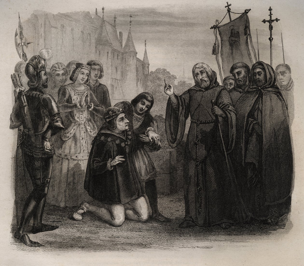 Louis XI (1423-1483) ber om hans guerison til Francois de Paule (1416-1507) Gravering av 1846 i "De helliges liv"". Privat samling. av Anonymous Anonymous