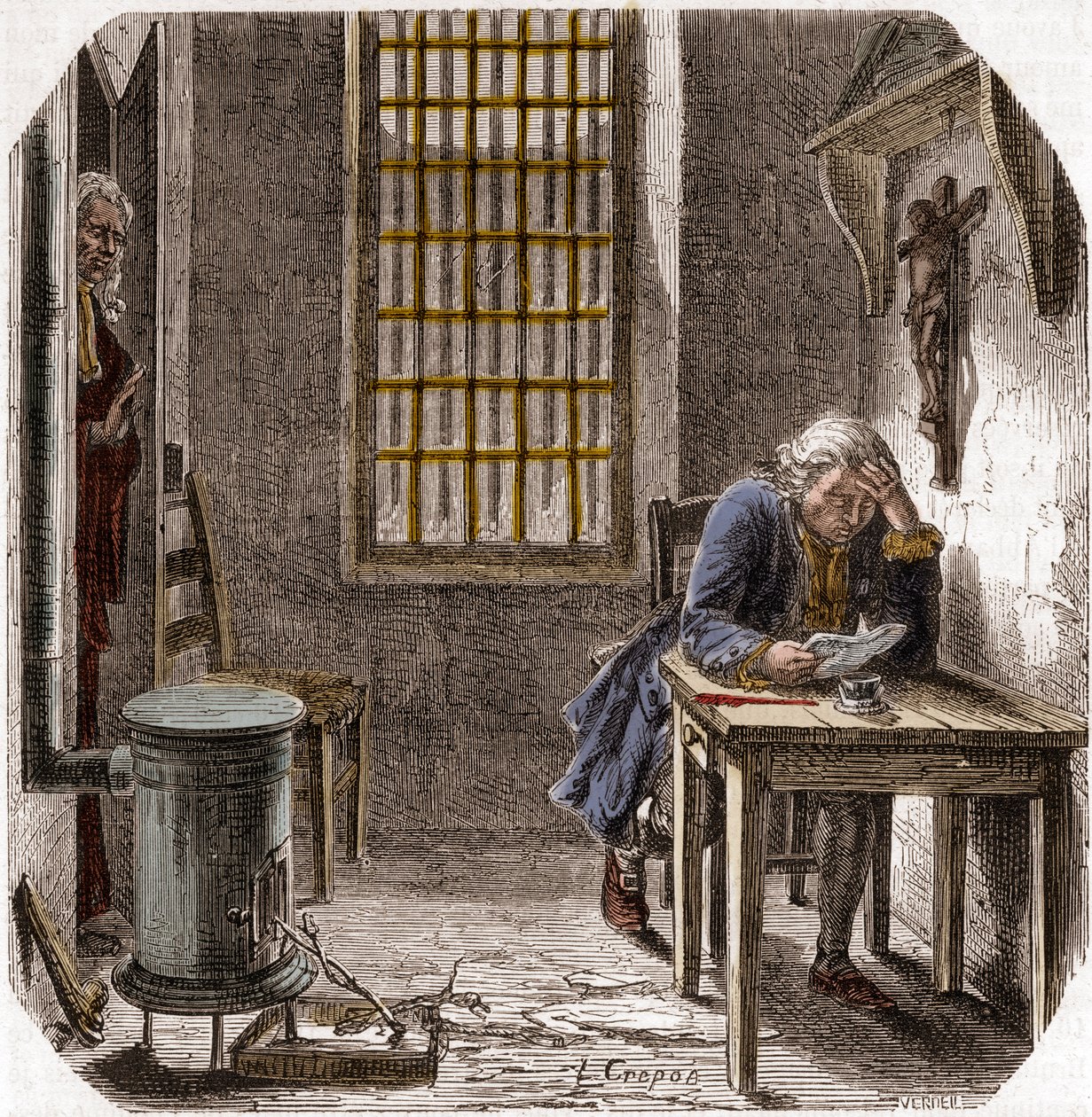 Ludvig XVI (1754-93) Leser sin siste vilje og testamente i tempelet 1792 - Ludvig XVI leser sitt testamente i tempeltårnet 25. desember 1792 - Gravering i "Histoire des Girondins" av Alphonse de Lamartine (1790-1869) 1865-1866 - Private collecti av Anonymous Anonymous