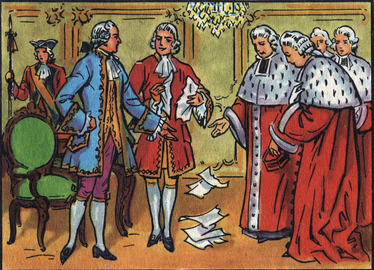 Ludvig XV (1710-1774), konge av Frankrike, bryter ned parlamentets avgjørelser. Anonym illustrasjon i ""Samling av Frankrikes suverene og statsoverhoder"". Det 20. århundre. Privat samling. av Anonymous Anonymous