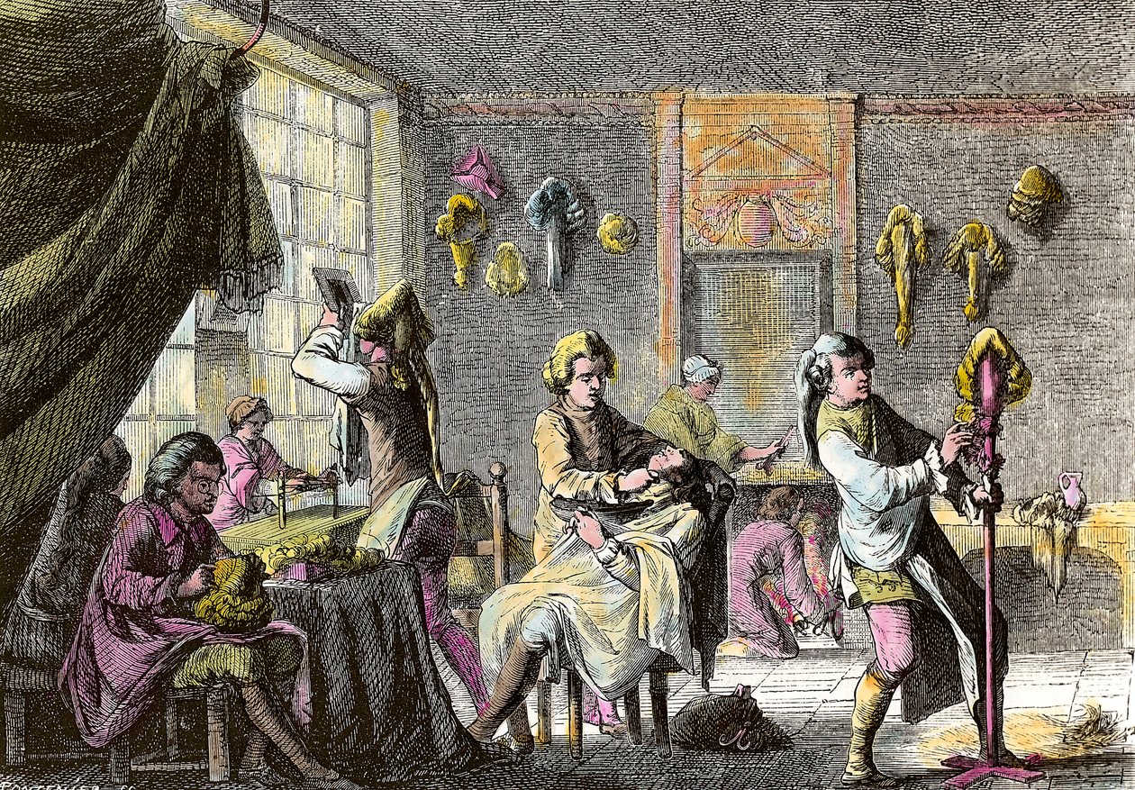 Louis XV-mote: utsikt over interiøret til en parykkfrisør. Gravering omkring 1755. Privat samling av Anonymous Anonymous