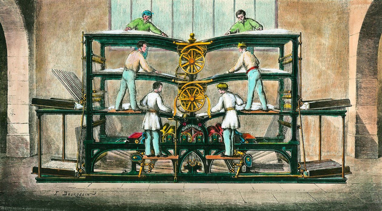 Maskin for å trykke den lille avisen”” oppfunnet av Hippolyte-Auguste Marinoni (1823-1904)”” Han oppfant en rotasjonspresse i 1866. Gravering fra 1868. Privat samling av Anonymous Anonymous