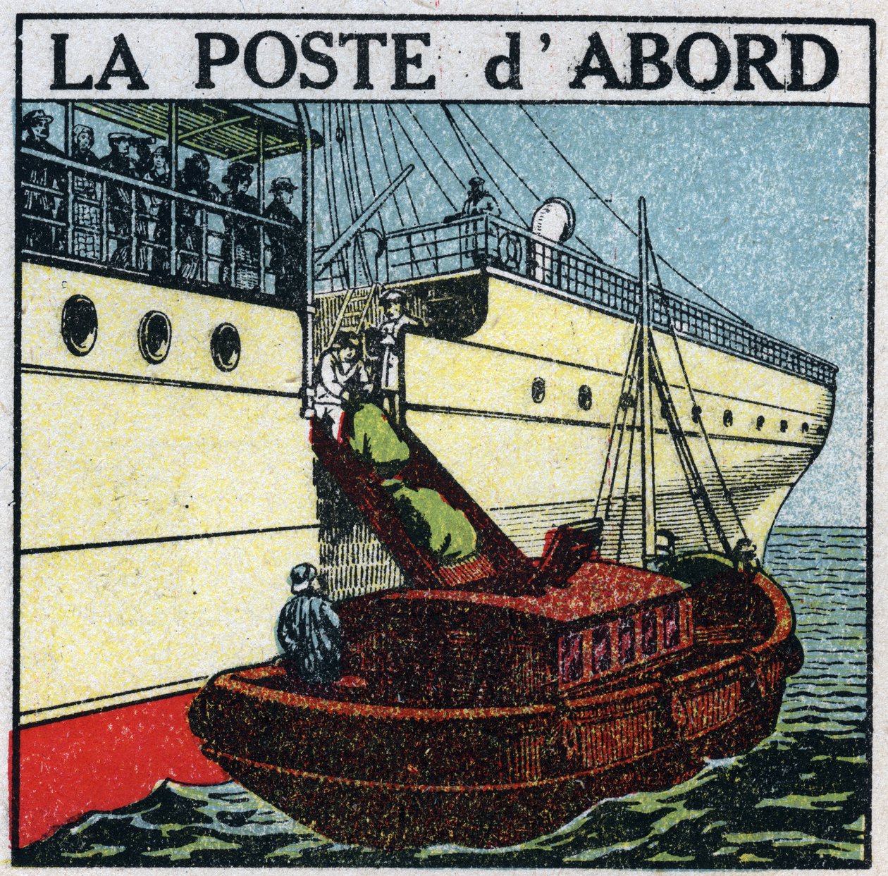 Post: skip som leverer post om bord på et linjeskip (post først). Anonym illustrasjon fra 1925. Privat samling. av Anonymous Anonymous