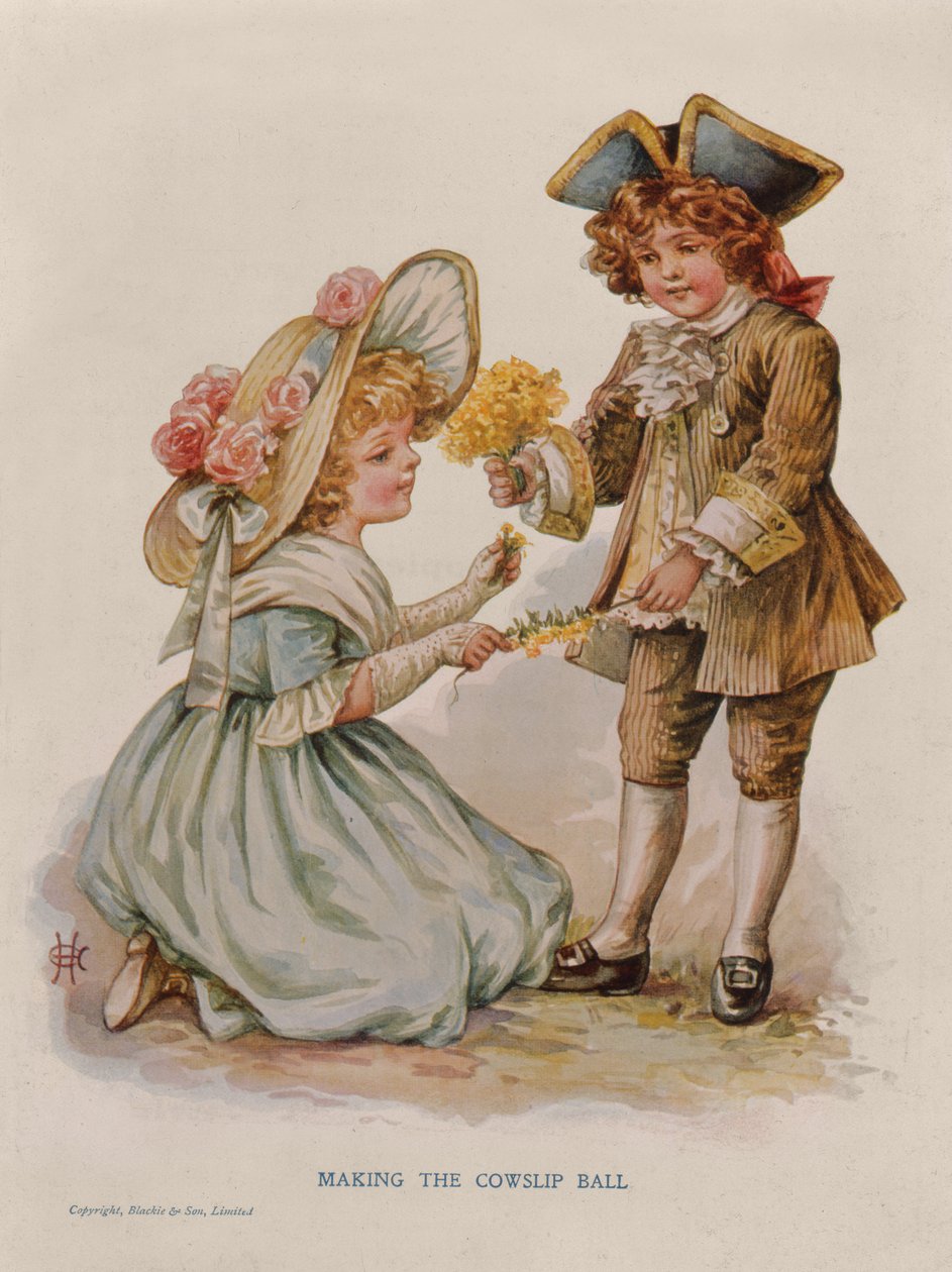 Making the Cowslip Ball, bokillustrasjon, tidlig på 1900-tallet (fargelitografi) av Anonymous Anonymous