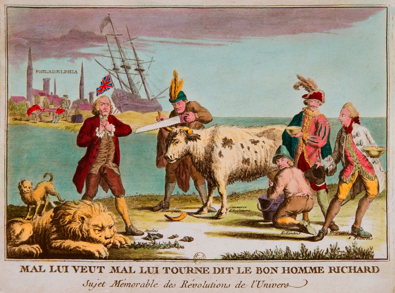 Mal vil ha ham feil, sa den gode mannen Richard Minneverdige tema for universets revolusjoner. Tegneserie mot England. 1780, Privee Collection (britisk handel som melkeku. Bilder inkluderer: Storbritannia som en sovende løve; Kontinentalkongressen som et l av Anonymous Anonymous