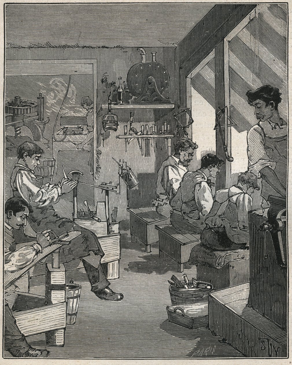 Produksjon av kammer i et verksted i Frankrike på 1800-tallet. Gravering fra 1885 i "" Les arts et metiers illustres"" av Adolphe BITARD. av Anonymous Anonymous