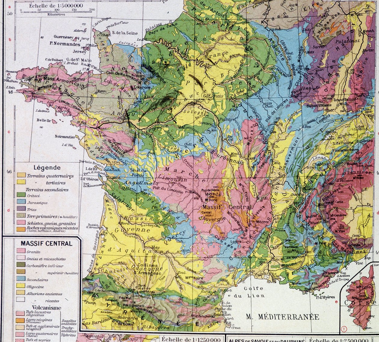 Kart over Frankrike: Geologisk Frankrike - i "" Atlas scolaire"" av Anonymous Anonymous