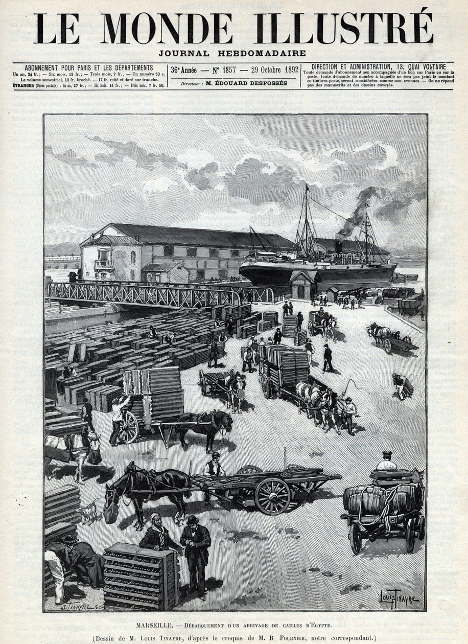 Maritim handel: bjeffing av en ankomst av vaktel fra Egypt i havnen i Marseille. En avis. Gravering i “Le monde illustree”” fra 1892. Privat samling. av Anonymous Anonymous
