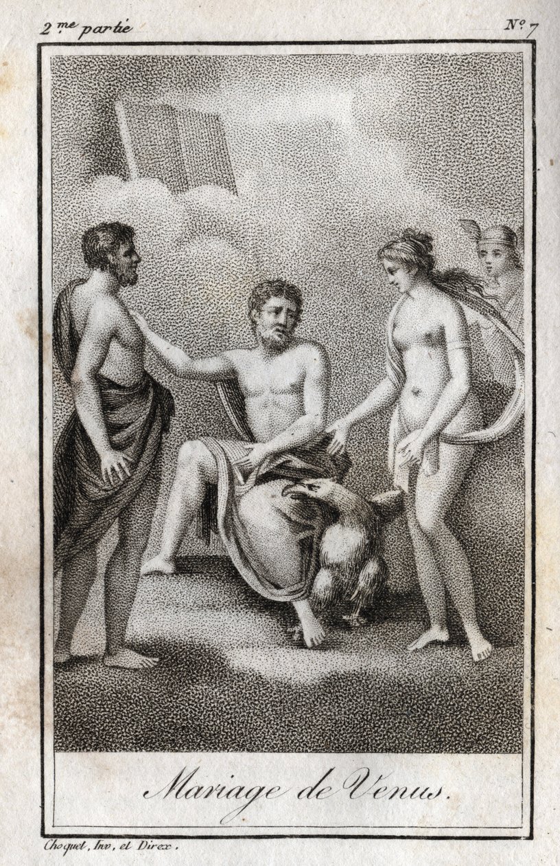 Ekteskap mellom Mars og Venus. Gravering fra 1819 i «Lettres a Emilie sur la mythologie» av Charles Albert Demoustier (1760-1801). Privat samling. av Anonymous Anonymous
