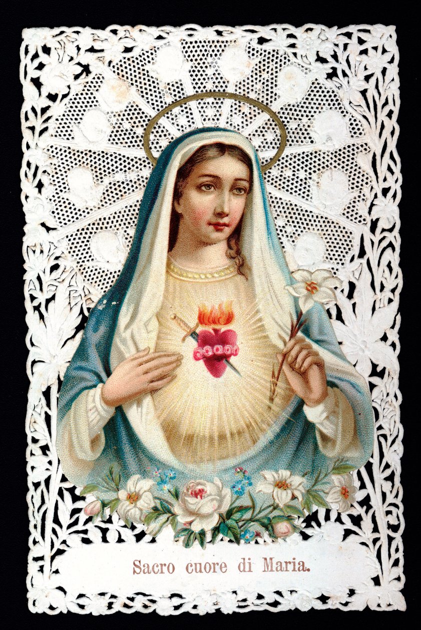 Mater dolorosa Sacre hjerte. fromt bilde. Kromolitografi har decoupage og dentage. Debut privatsamling fra 1900-tallet av Anonymous Anonymous
