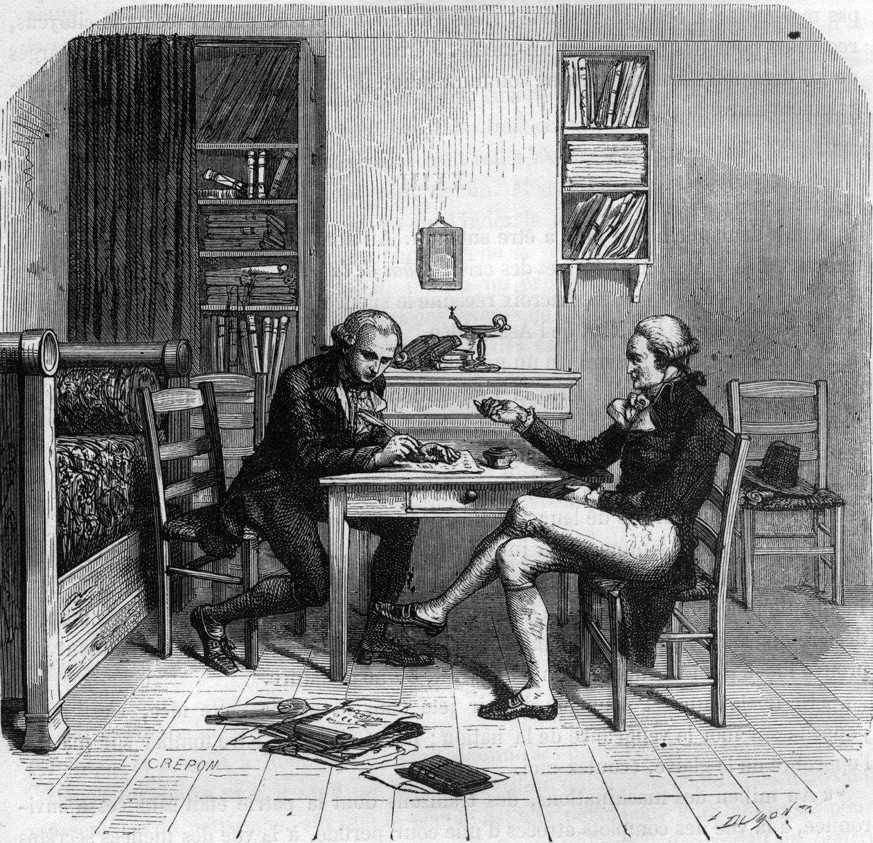 Maximilien de Robespierre 1758-1794, fransk politiker, medlem av komiteen for offentlig sikkerhet med Maurice Duplay på rommet hans - Chambre de Maximilien de Robespierre chez Maurice Duplay (1736-1820) rue Saint-Honore a Paris - Gravering i "Histoire av Anonymous Anonymous