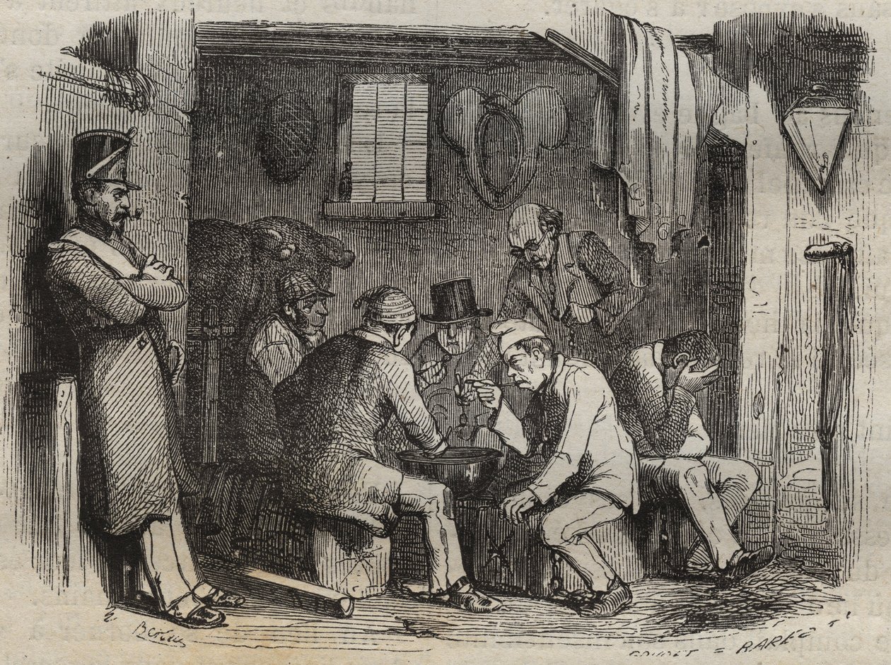 Måltid til de straffedømte i Rochefort-fengselet på 1800-tallet. Gravering i «Fangernes historie fra deres skapelse til i dag» (1877) av Pierre Zaccone (1817-1895) (Colonia Penale - Straffekoloni). Privat samling. av Anonymous Anonymous