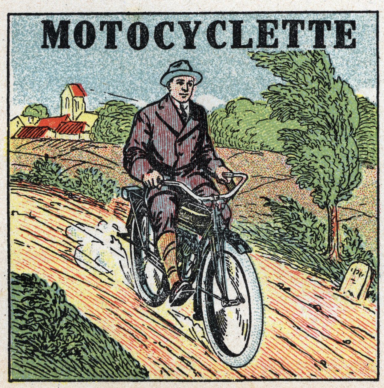 Mekanisk trekkraft: motorsykkel. Anonym illustrasjon av 1925. Privat samling. av Anonymous Anonymous