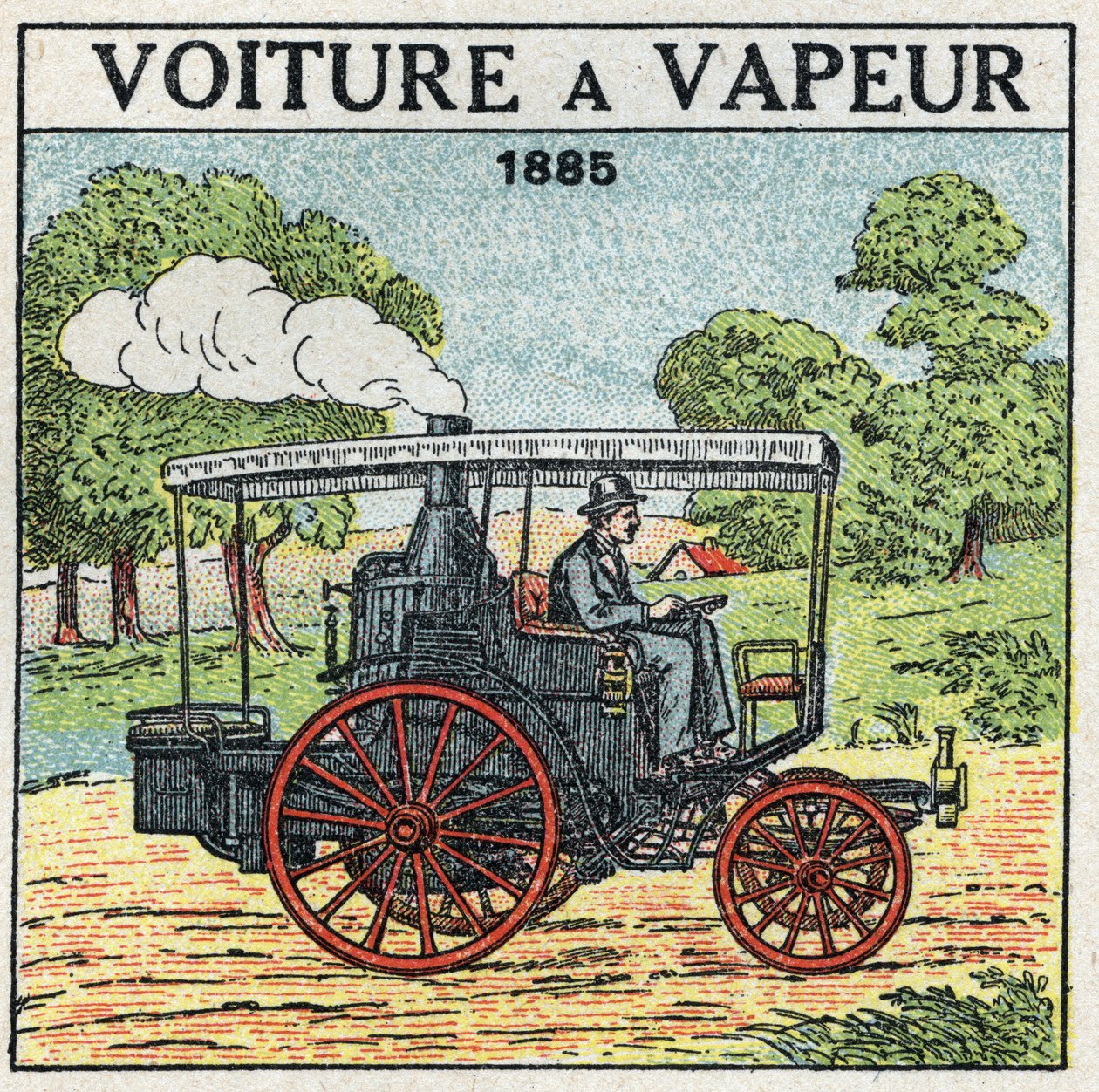 Mekanisk trekkraft: dampbil til Marquis Albert de Dion (1856-1946) i 1885. Anonym illustrasjon fra 1925. Privat samling. av Anonymous Anonymous