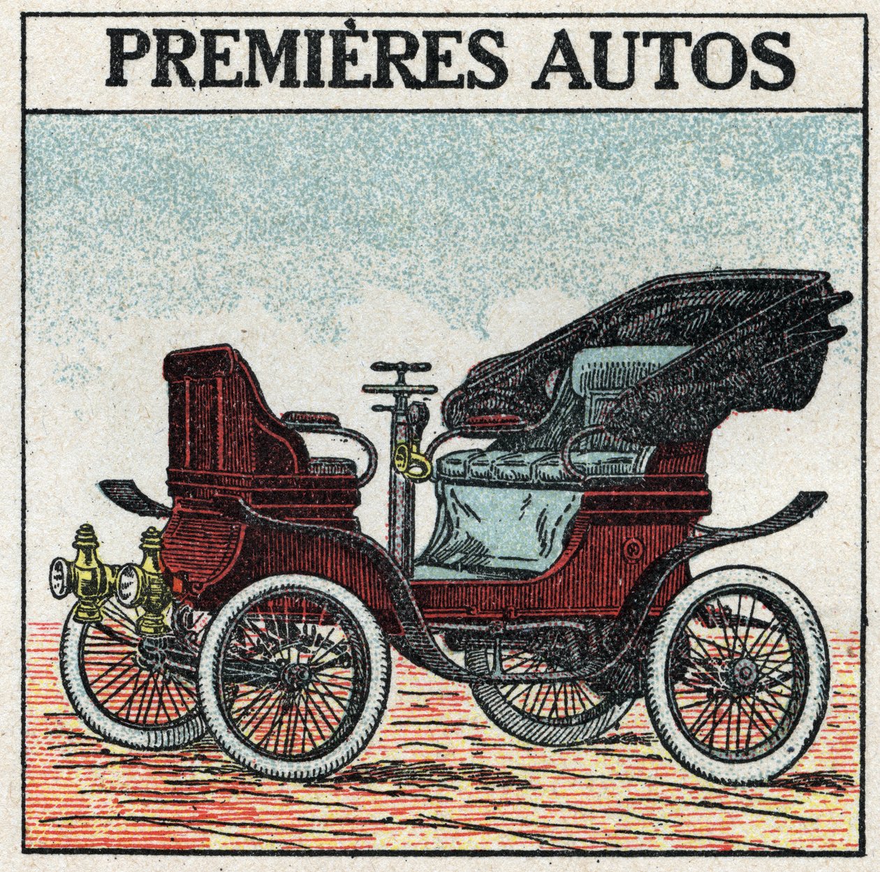 Mekanisk trekkraft: de første bensinbilene oppfunnet i 1895 av Panhard og Levassor. Anonym illustrasjon fra 1925. Privat samling. av Anonymous Anonymous