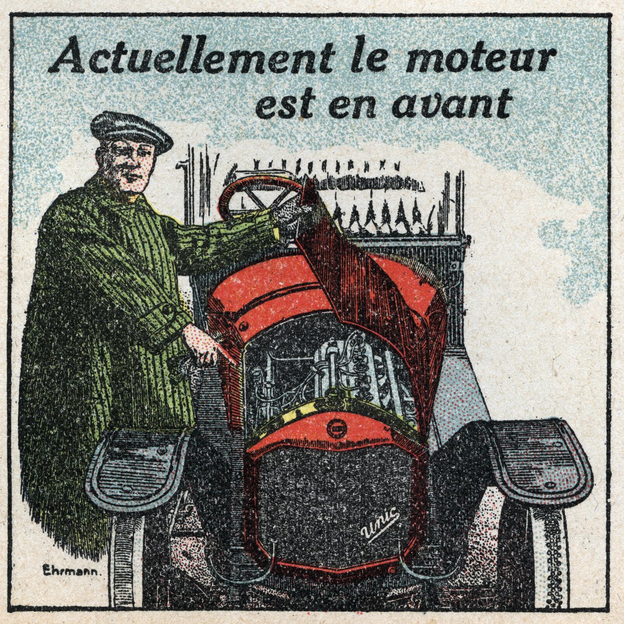 Mekanisk trekkraft: motoren fra 1920-tallet er foran. Anonym illustrasjon fra 1925. Privat samling. av Anonymous Anonymous