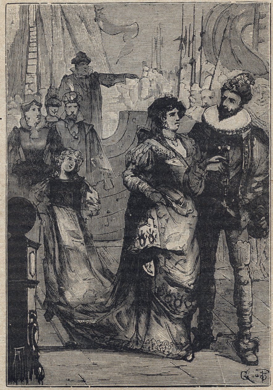 Møte mellom Lucrezia Borgia og Alfonso I d'Este, hertugen av Ferrara (1476-1534) - gravering fra "Lucrezia Borgia" av Oscar Pio - 1883 av Anonymous Anonymous