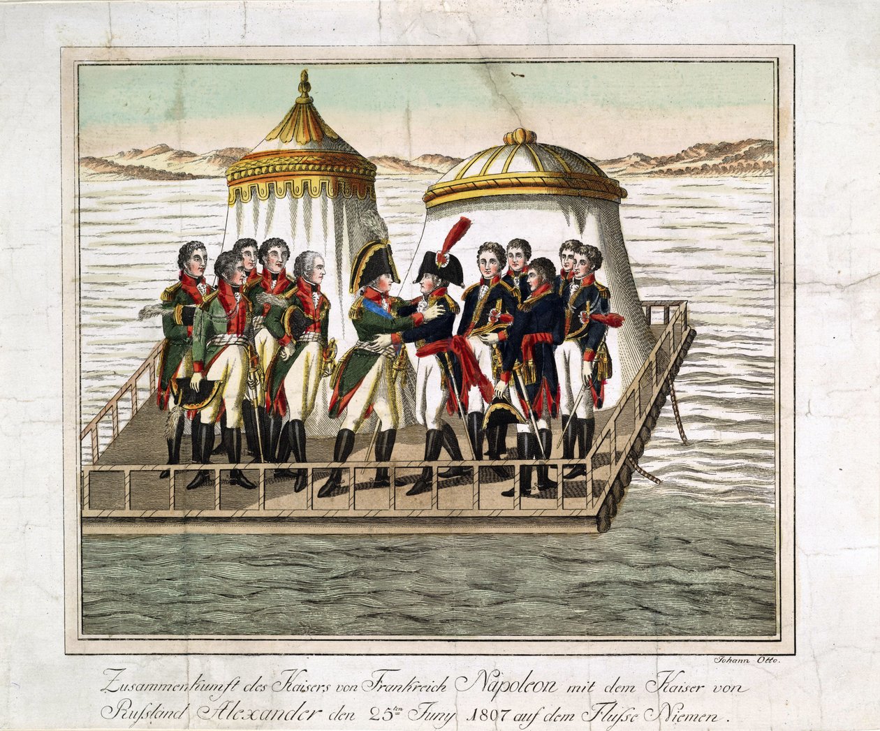Møte mellom keisere Alexander I av Russland og Napoleon I av Frankrike ved Neman nær Tilsit - Anonym - 1807 - Etsning, akvarell - 29,7x39,7 - Privat samling av Anonymous Anonymous