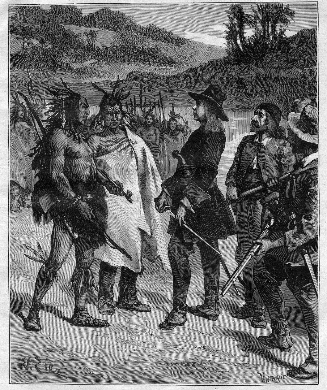 Møte av Robert Cavelier de La Salle (1643-1687) med indianerne i Amerika nær Lake Peoria gravering i "Journal des voyages"" fra 1889 av Anonymous Anonymous
