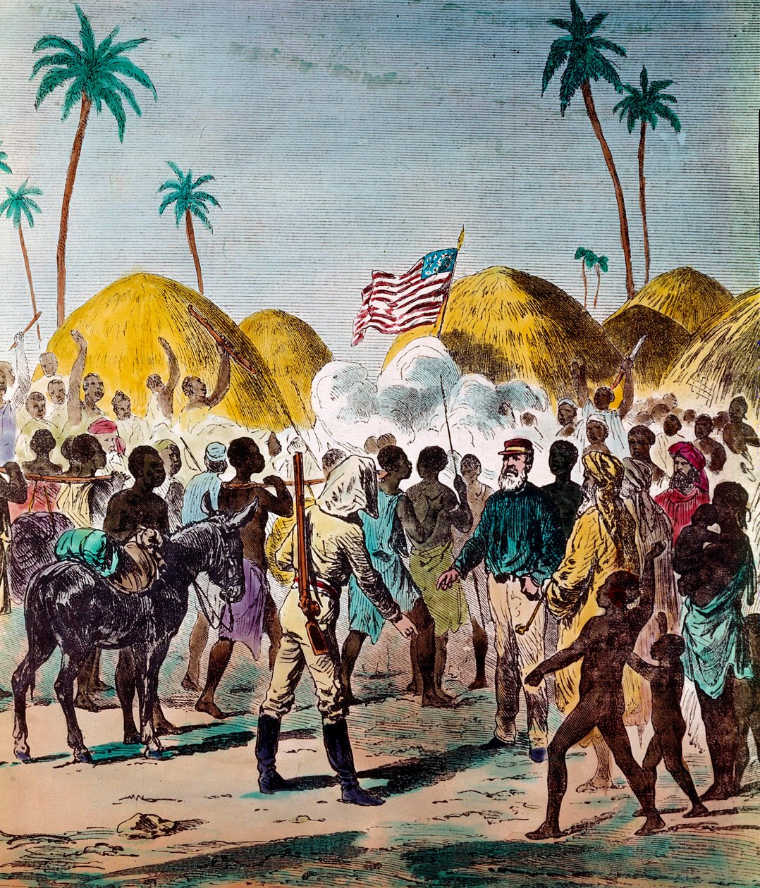 Møte mellom journalisten Henry Morton Stanley (1841-1904) og David Livingstone (1813-1873), britisk lege og oppdagelsesreisende, 10.11.1871 i Tanzania. Gravering av 1800-tallets privatsamling av Anonymous Anonymous